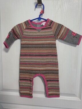 Cachcach One Piece Romper Multicolor Stripes Pink Gray Winter Snap Girls 3 mos